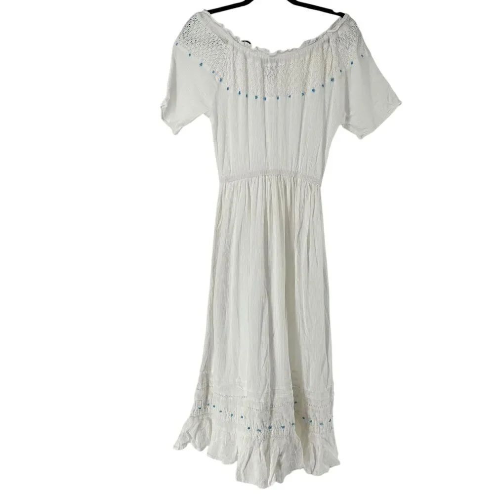 220 Hickory Maxi Dress White Off The Shoulder Turquoise Bead Size S Ruffle Crepe
